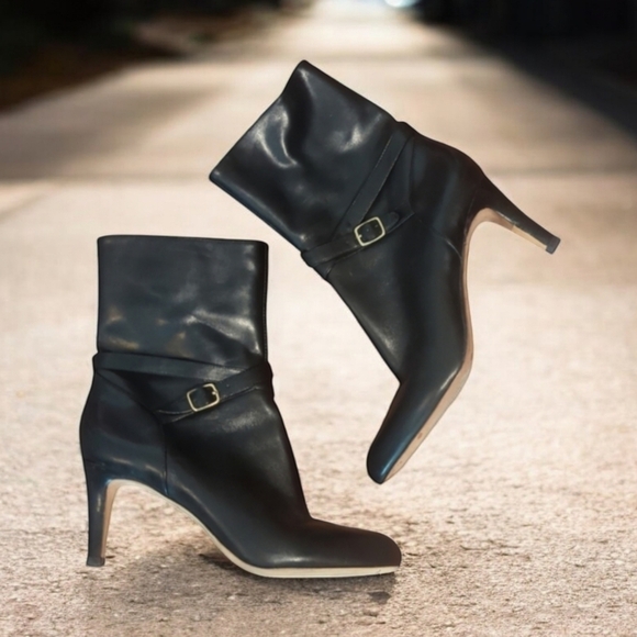 Designer Leather Boots black minimalist chic Office Siren Harness Wrap Sz 8.5 - Picture 12 of 13